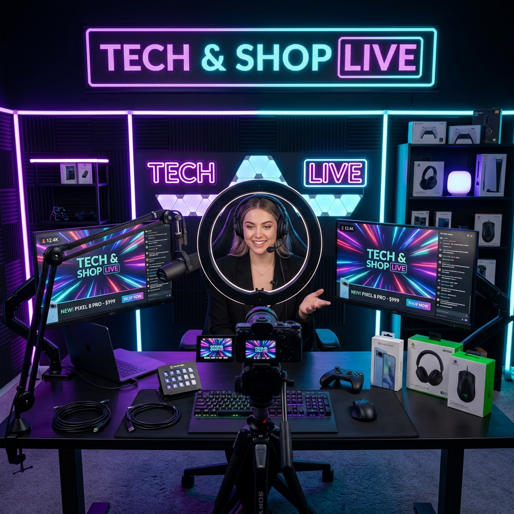 Interactive live streaming setup showcasing fashion apparel and high-tech broadcasting tools
