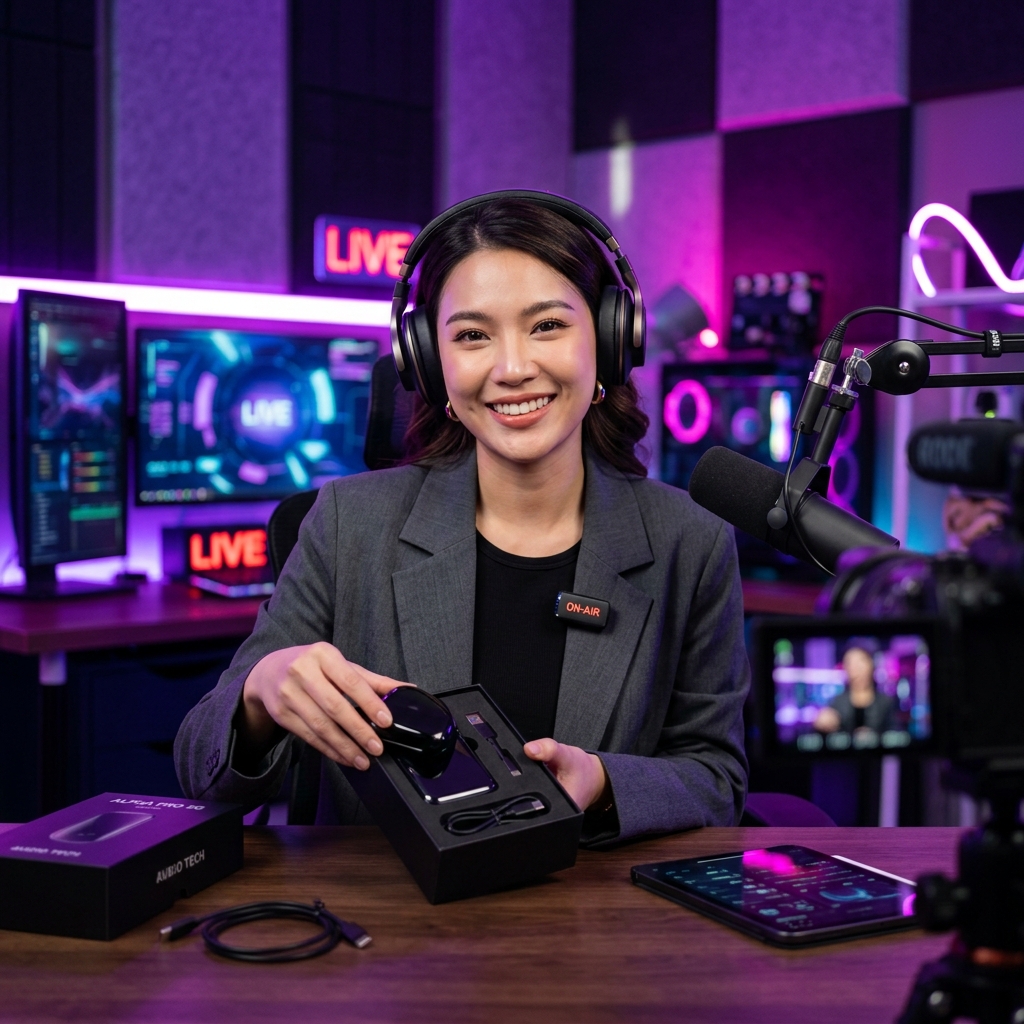 Sarah Chen unboxing premium headphones in a neon-lit studio setting