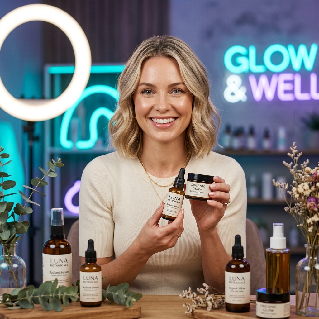 Chloe Jenkins showcasing natural organic skincare serums in front of bright studio ringlights
